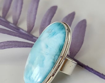 925 Sterling Silver Natural Oval Larimar Ring, Size 9
