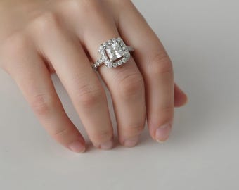 925 Sterling Silver Moissanite Ring, 6mm Square Cut, GRA Certified, Rhodium Plated