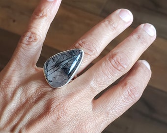 925 Sterling Silver Natural Black Rutilated Quartz Ring , size 8