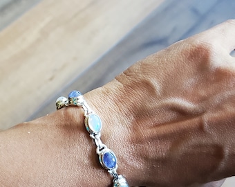 925 Sterling Silver Natural Opal and Tanzanite Bracelet, 6 to 8 inches adjustable