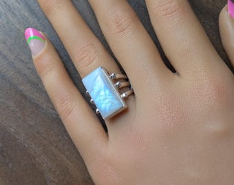 925 Sterling Silver Natural Rainbow Moonstone Ring, Size 6