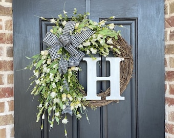 Year Round Wreath, Initial Wreath, Wreath with Monogram, Cream Wildflower Wreath, Farmhouse Decor, Everyday Wreath, Wreath for Front Door
