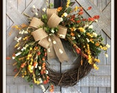 Fall Wreath, Autumn Wreath, Fall Front Door, Autumn Front Door, Fall Decor, Autumn Decor, Fall Wildflower Wreath, Rustic Wreath, Burlap Bow