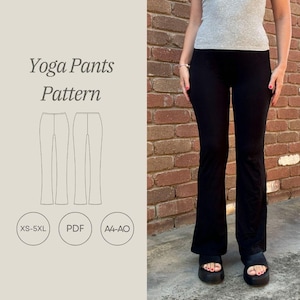 May include: A digital download pattern for yoga pants, shown in a line drawing of the pants. The pattern is available in sizes XS-5XL and comes in A4 and A0 sizes. The pattern is available in PDF format.