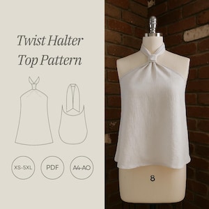 May include: A white twist halter top pattern displayed on a mannequin. The top features a knotted halter neckline and a flowing shape. The image includes line drawings of the top and the text "Twist Halter Top Pattern", along with size and format details.