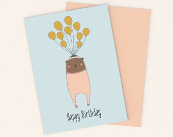 Printable Bear and Balloons Birthday Card. Children Birthday Card. Printable Baby Birthday Card. Printable Happy Birthday Card. Bear Card.