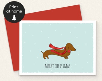 PRINTABLE Christmas Dachshund Card. Sausage Dog Christmas Card. Dachshund Holiday Card. Dog Lover Christmas Card. Instant Download Dog Card.