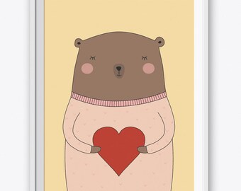 Printable Love Bear Art Print - Digital Nursery Decor - Instant Download. Bear Kids Room Decoration. Baby Room Art. Bear Nursery Wall Art.
