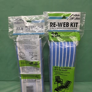 May include: Two packages of Garden Paradise Re-Web Kit, each containing 9.14 metres of 7.62 cm wide blue and white striped polypropylene webbing. The clear plastic packaging features instructional diagrams, text, and a barcode for furniture repair.