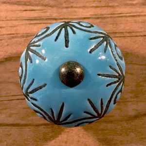 May include: A blue ceramic knob with a silver metal center and a black floral design.