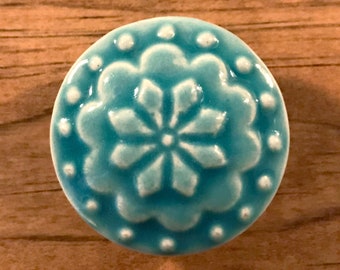 Turquoise Blue ceramic sphere furniture / cabinet knob flower with raised detail silver steel stem