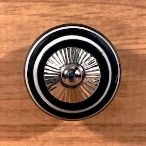 Black and white stripe ceramic sphere furniture / cabinet knob silver steel detail and threaded stem