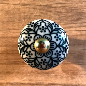 Petite white ceramic furniture / cabinet knob black line flora detail + gold brass hardware