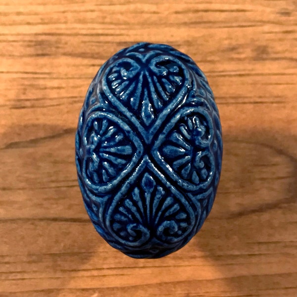 Stunning midnight blue ceramic oval furniture / drawer knob with heart motif + silver steel hardware. Substantial knob.