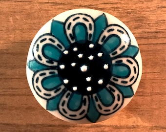 Turquoise Blue white black ceramic sphere furniture / cabinet knob flower with raised detail silver steel stem