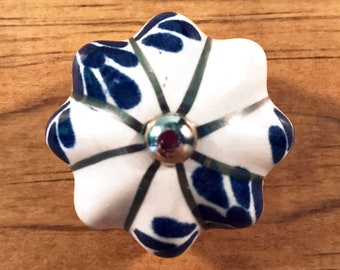 White blue ceramic furniture / cabinet knob pumpkin shape silver steel hardware