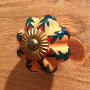 May include: A peach-colored ceramic cabinet knob with a floral design in shades of teal and red. The knob has a gold-colored metal base with a decorative, fluted edge.