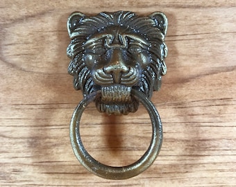 Gold brass lion head ring pull furniture knob with a brass stem