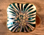 Emerald Green and gold white painted ceramic square furniture cabinet knob, floral face, gold steel stem and hardware included