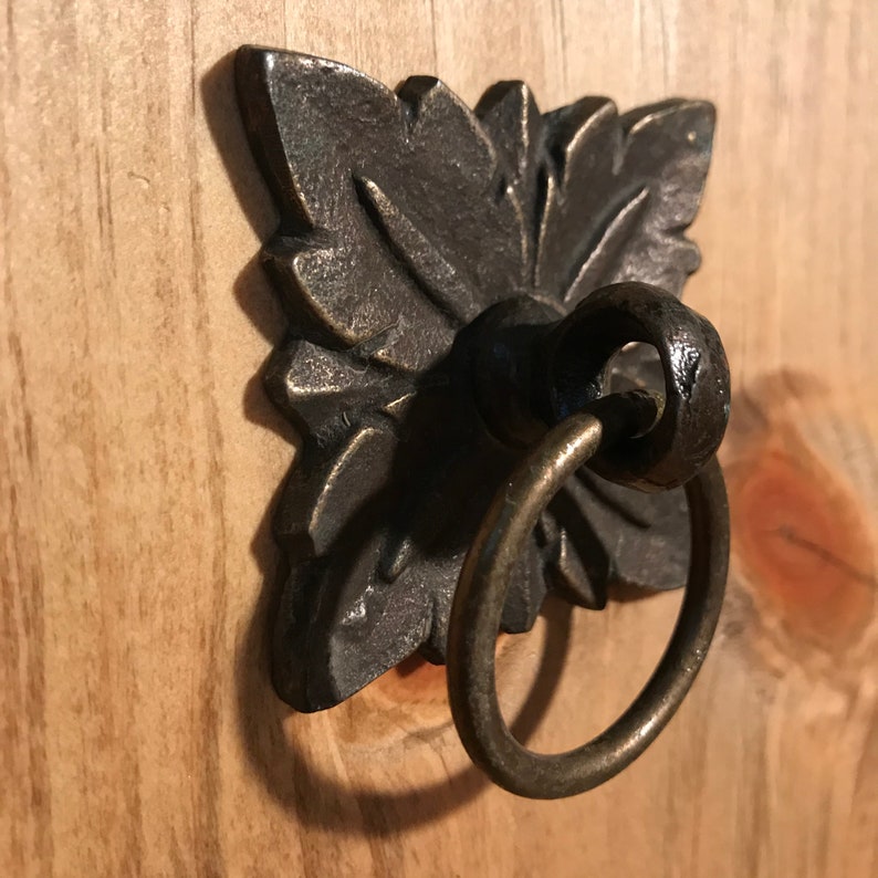 May include: A decorative bronze cabinet pull with a leaf design and a ring handle.