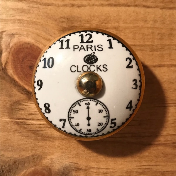 French Paris Clock Knob white ceramic circle, black clock face accents, brass stem, hardware included. #1 seller!  People love this knob.