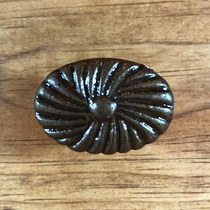 May include: A dark brown metal knob with a sunburst design. The knob is oval shaped and has a smooth, shiny finish.