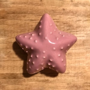 May include: A pink ceramic starfish with a textured surface. The starfish is a decorative item.