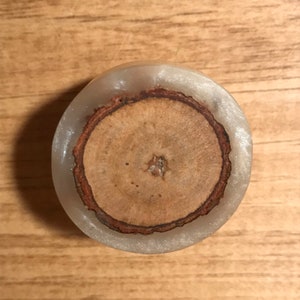 May include: A round, white resin coaster with a wood slice inlay. The wood slice has a natural brown color and a visible grain pattern.