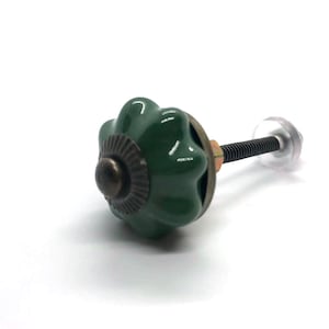 May include: A green ceramic knob with a fluted design and a brass accent. The knob is attached to a metal screw with a clear plastic washer.