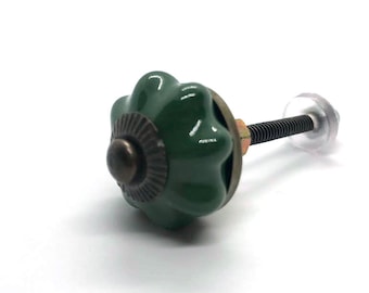 May include: A green ceramic knob with a fluted design and a brass accent. The knob is attached to a metal screw with a clear plastic washer.