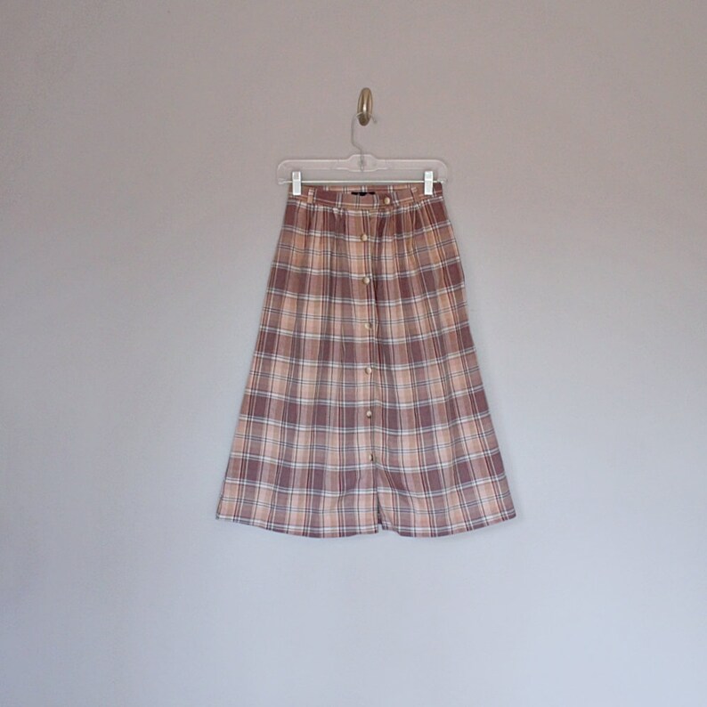 Vintage 80/'s plaid high waist button down midi skirt  Size XS  S