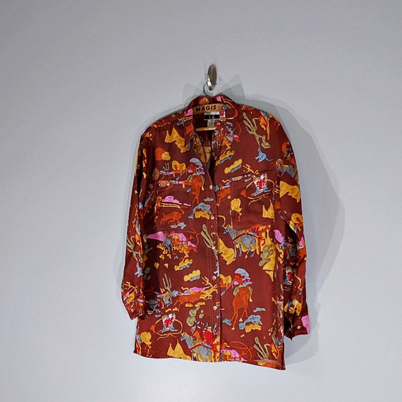 size XS-M Vintage 1970s novelty print blouse Oxford shirt