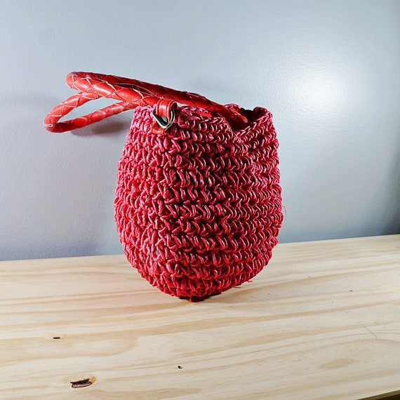 Vintage 80's red woven raffia top handle purse - image 4