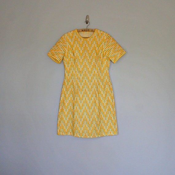 Vintage 60's eyelet yellow chevron stripes mini dr