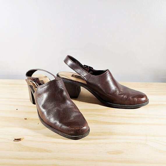 Vintage 80's brown leather sling back mules // Siz