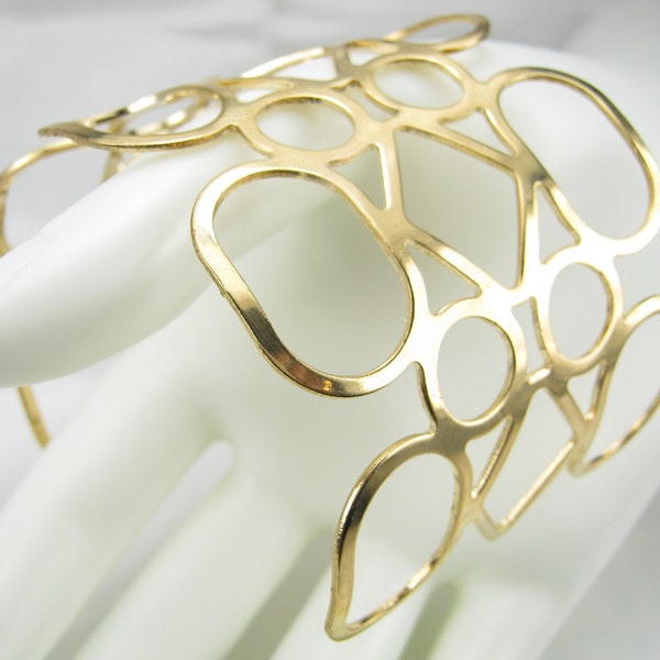 NOS VINTAGE - 18K Abstract Gold Cuff, Geometric Designed Adjustable Bracelet | Circular Shape & Open Space | Contemporary Style | Modernist