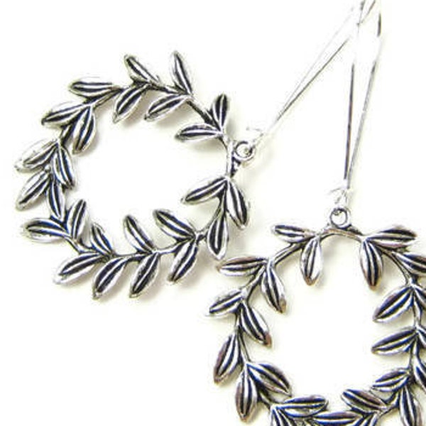 LAUREL WREATH 925 Silver Large Earrings, Evergreen Plant Vine Greenery, Wreath of Service, Ceremonial Crown, Greek & Roman Mythology, Gift