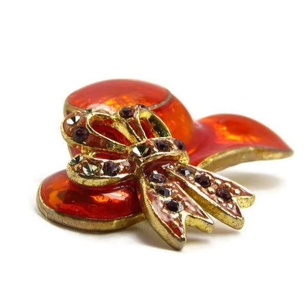 VINTAGE 1970's - Red Hat Brooch, Goldtone Gold Jewelry | Ruby Red Enamel Pin | Amethyst Purple Crystal | Lady's Red Hat Society Gift