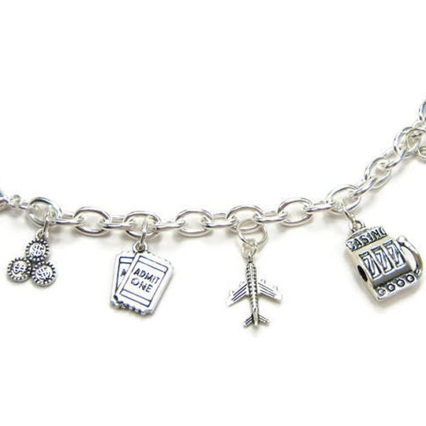 BESTSELLER - 925 LAS VEGAS Silver Charm Bracelet, Jeu 3D, Casino, Machine à sous, Poker, Paris, New York, Show Ticket, Gamble Gift