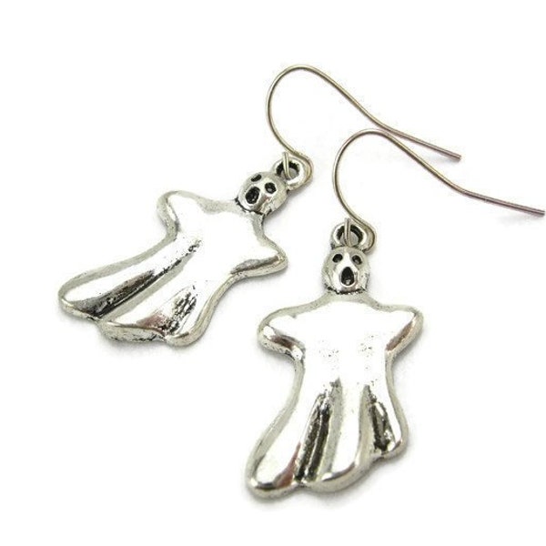 gHOST 925 Silver French Hook Dangle Earrings, Ghostly "Boo" Charm, Fall Autumn Jewelry, Halloween... Haunted House GIFT Idea!