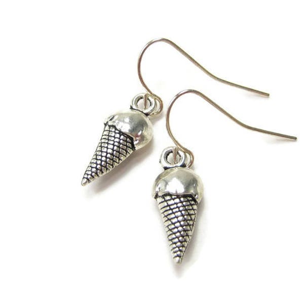 ICE CREAM CONE Earrings, 925 Silver French Hooks, Hard Scooped "Ben & Jerry's", Old Fashion Dairy Bar, Frozen Dessert Jewelry, Gift Under 15