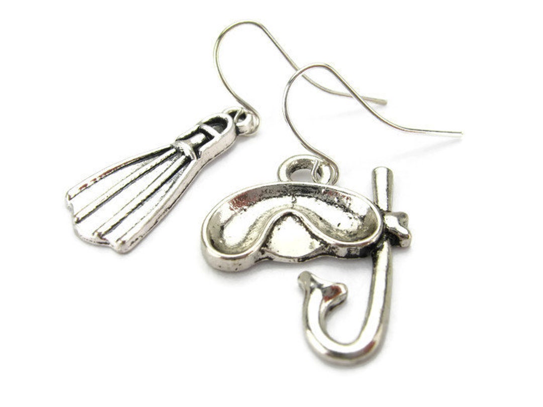 SCUBA DIVER 925 Silver Drop Earrings, 3D Snorkeling Mask & Fin, Diving Gear, Water Sports