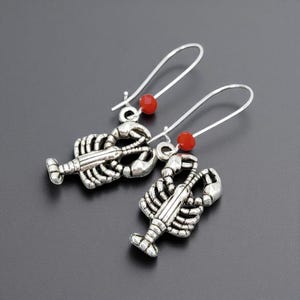 LOBSTER Silver Small Dangling Charm Earrings, Red Crystal Earrings, Seafood, Maine, New England, Coastal Jewelry, Lobster Festival Gift