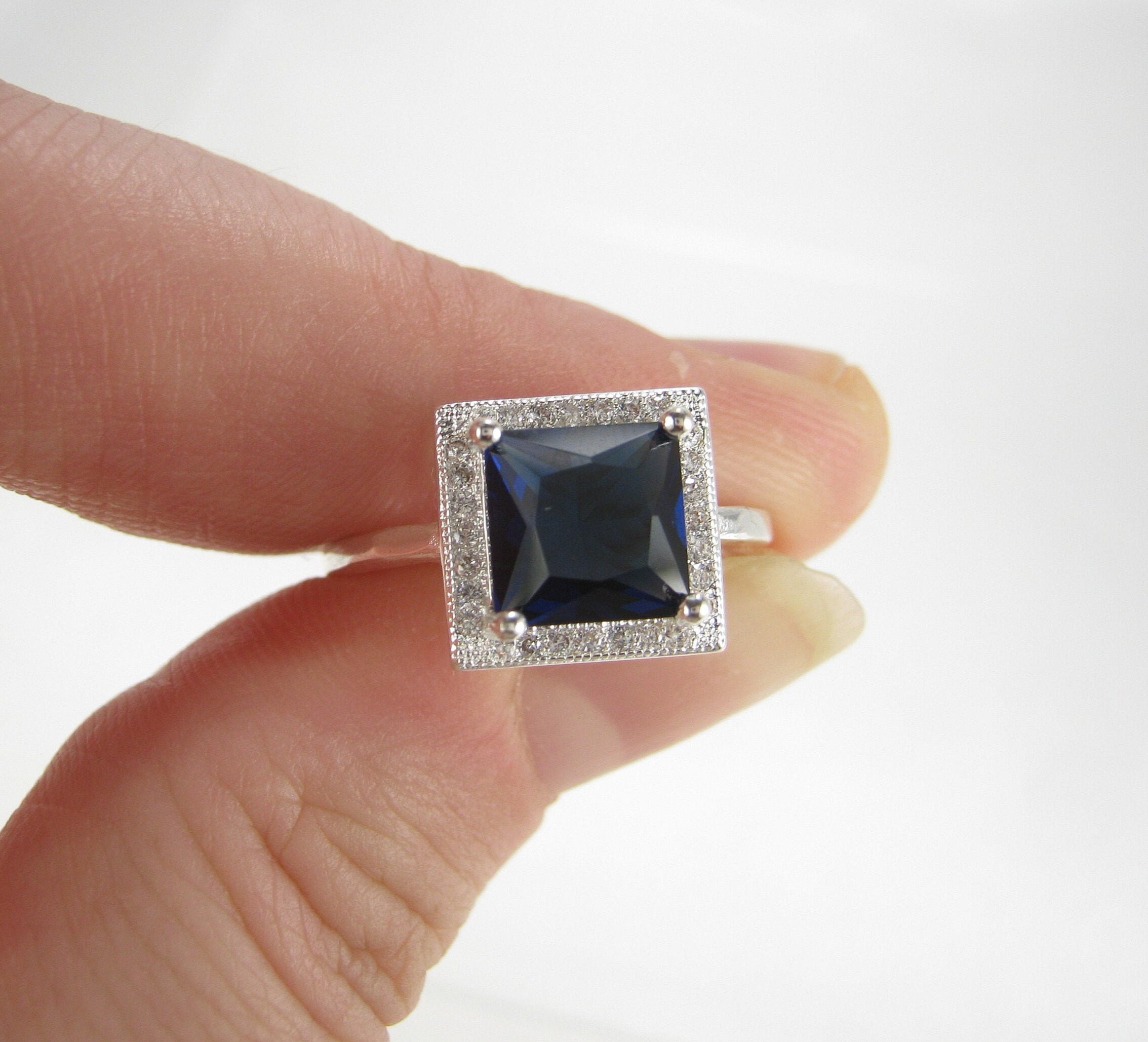 NOS VINTAGE 2 C.T Sapphire Blue & 925 Silver Ring Princess | Etsy