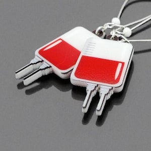 BLOOD BAG Silver Large Drop Charm Earrings, Blood Transfusion & Drip, Blood Donation, Blood Work, Blood Test, Hematologist, Blood Donor Gift
