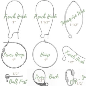 May include: A collection of silver-colored earring components, including French hooks, lever hoops, a marquise wire, ball posts, and lever-back closures. Measurements are provided in inches, with the largest component being 1 1/2 inches.