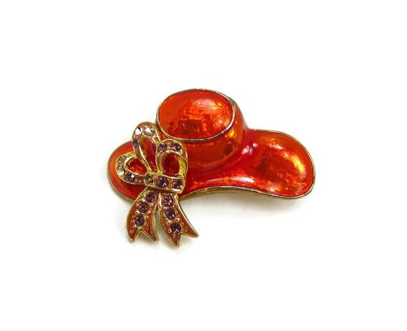 VINTAGE 1970's - Red Hat Brooch, Goldtone Gold Je… - image 3