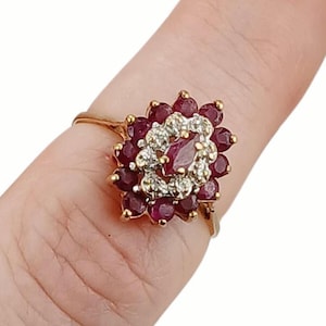 Vintage 10K Yellow Gold Ruby Diamond Ring, Art Deco Style, Size 6