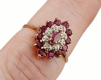 Vintage 10K Yellow Gold Ruby Diamond Ring, Art Deco Style, Size 6