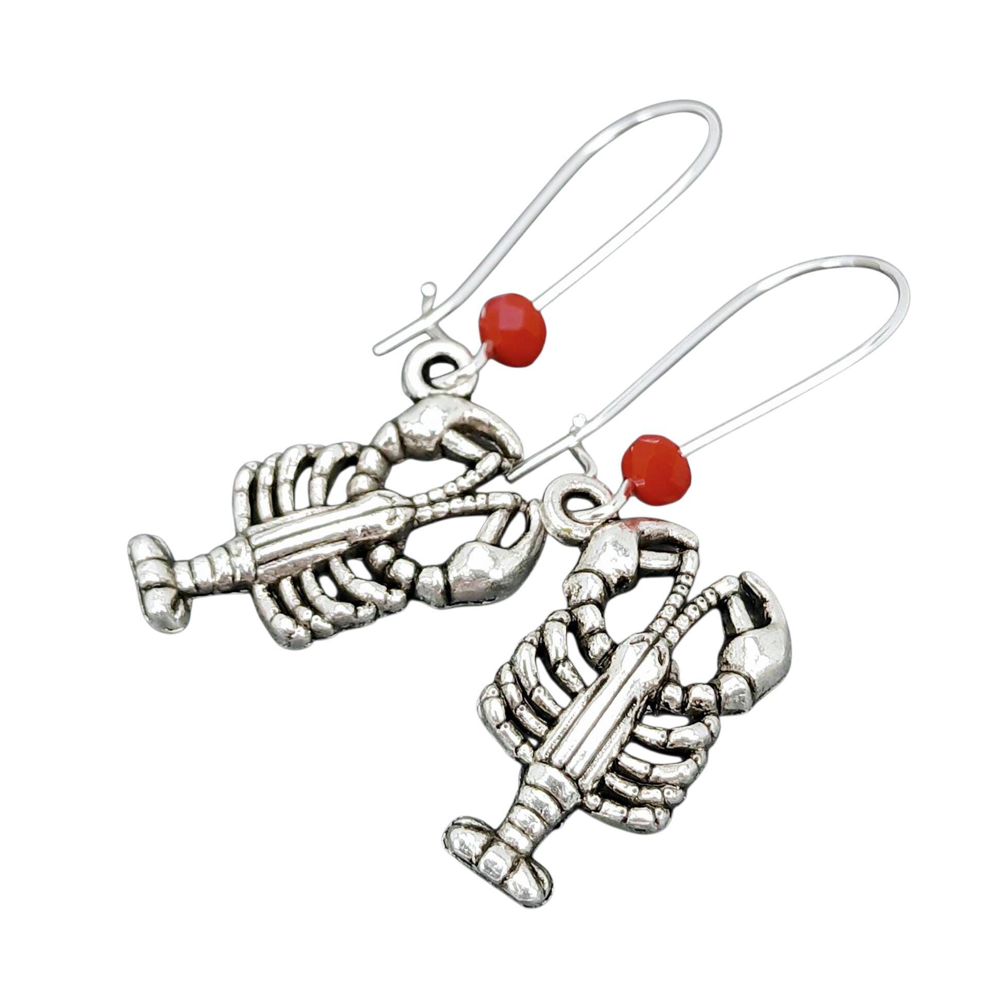 Sparkling Silver Red Lobster Jewelry Set - Dangle Earrings & Necklace Animal Theme